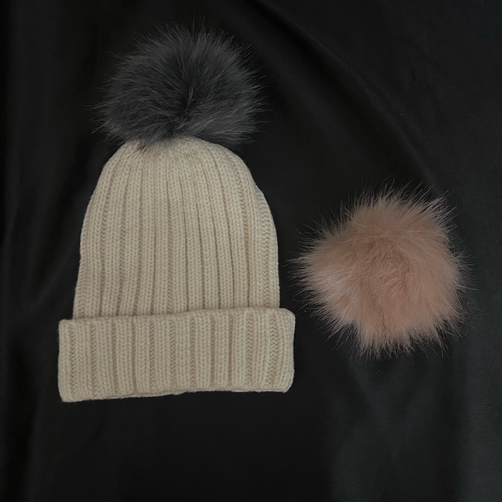 Cream Knit Beanie with Interchangeable Pom Poms